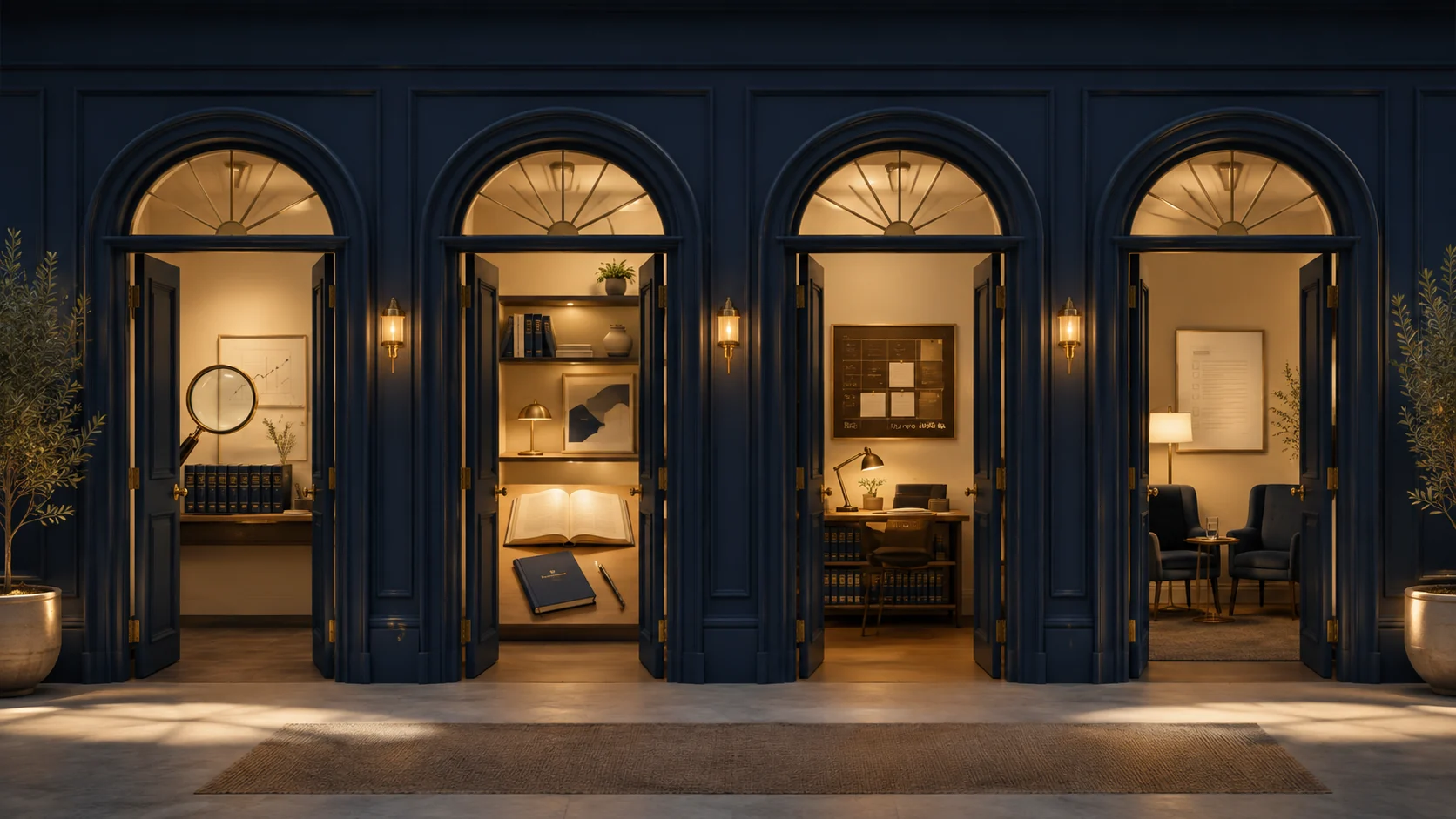 Four open navy doors with warm light beyond them, representing four different levels of Careful Optimist decision support.