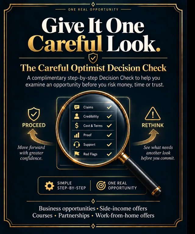 Give It One Careful Look — The Careful Optimist Decision Check, showing a magnifying glass examining claims, credibility, cost and terms, proof, support and red flags.