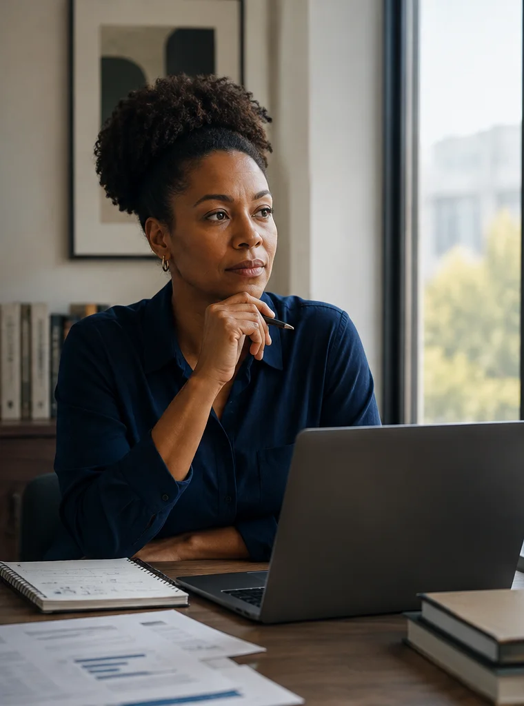 A thoughtful Black woman considering information at a desk beside an open laptop.